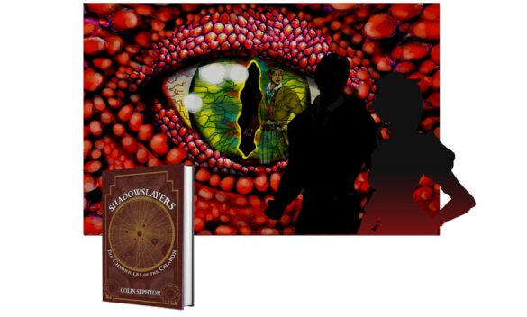 Banner showing eye of Calbi-ya a character from the Shadowslayers novel a steampunk fantasy book by Colin Sephton