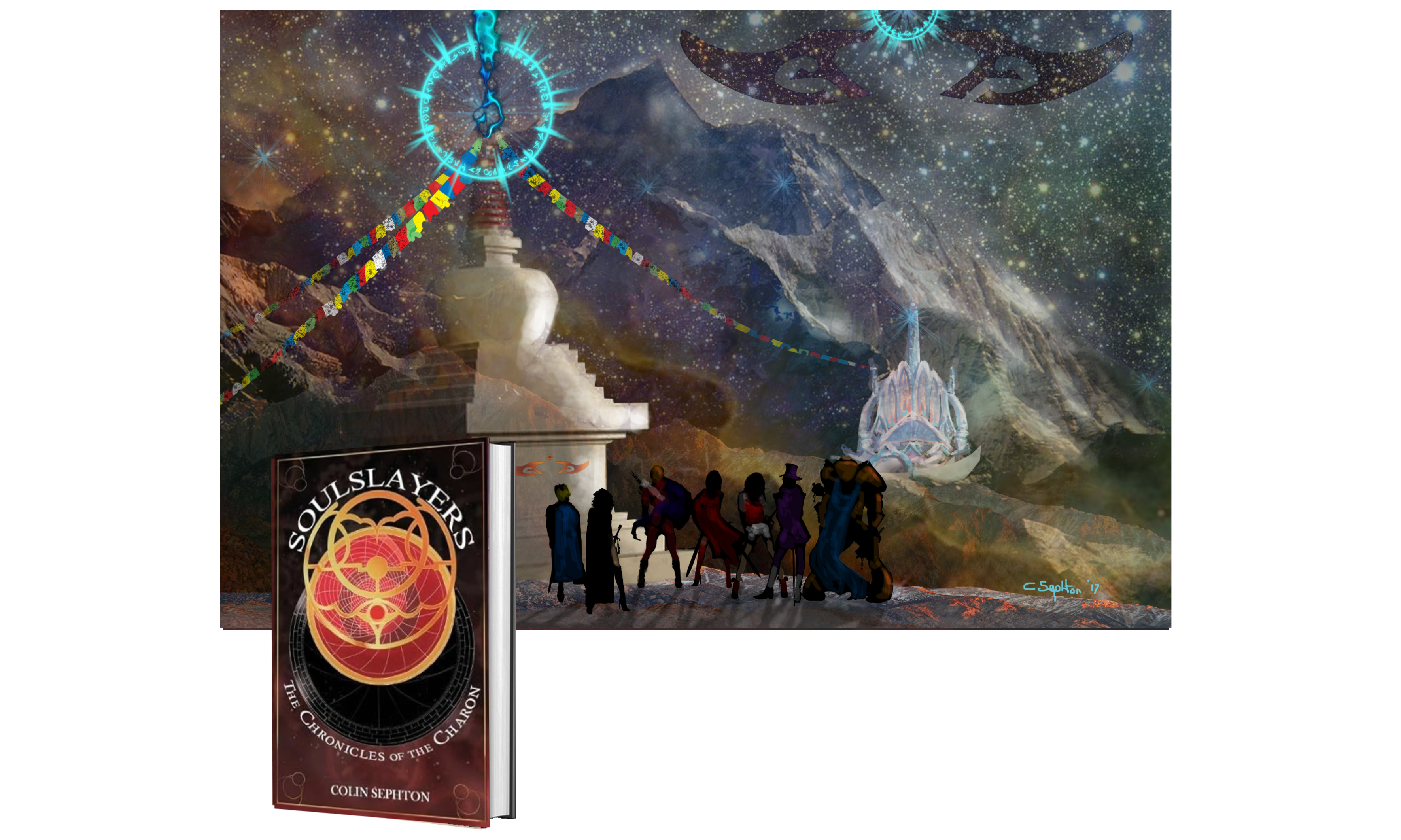 Banner showing travellers through the cosmos, characters from a fantasy novel by Colin Sephton Soulslayers