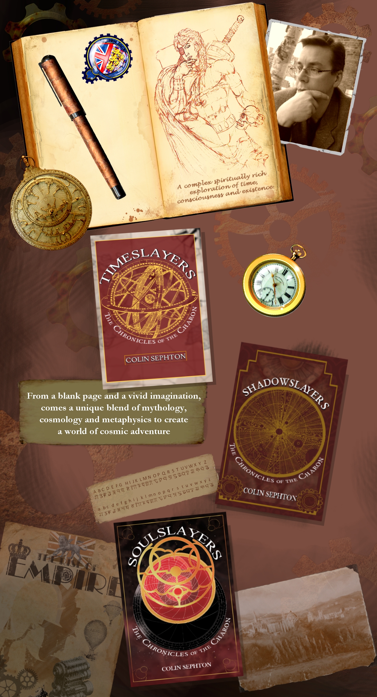 Desktop showing.3 novels by Colin Sephton of the Timeslayers trilogy, Shadowslayers and Soulslayers