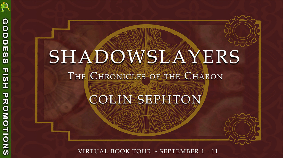 Banner from the virtual booktour for Shadowslayers, showing the front cover of the book