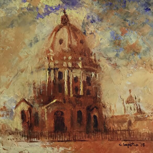 Image of Oxford painted in oils, hazy scene